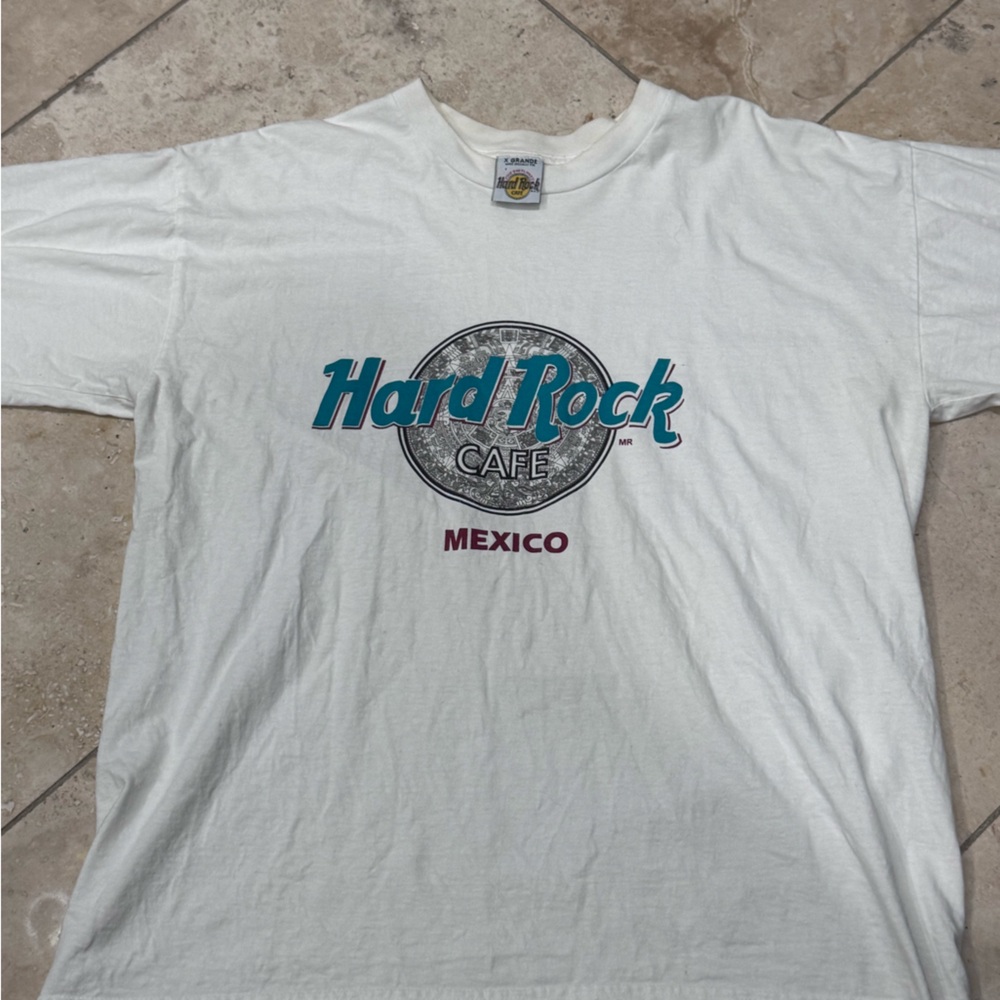 Hard Rock Cafe White Tee with Teal and Maroon Logo - Mexico